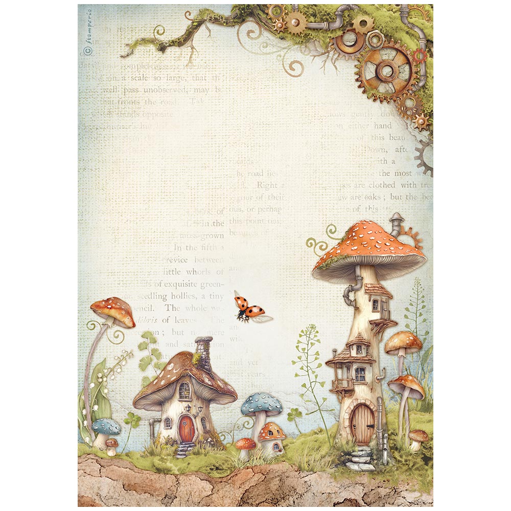 PRE-ORDER STAMPERIA HIDDEN GROVE - MUSHROOM HOUSES Decoupage Rice Paper A4 #DFSA41012