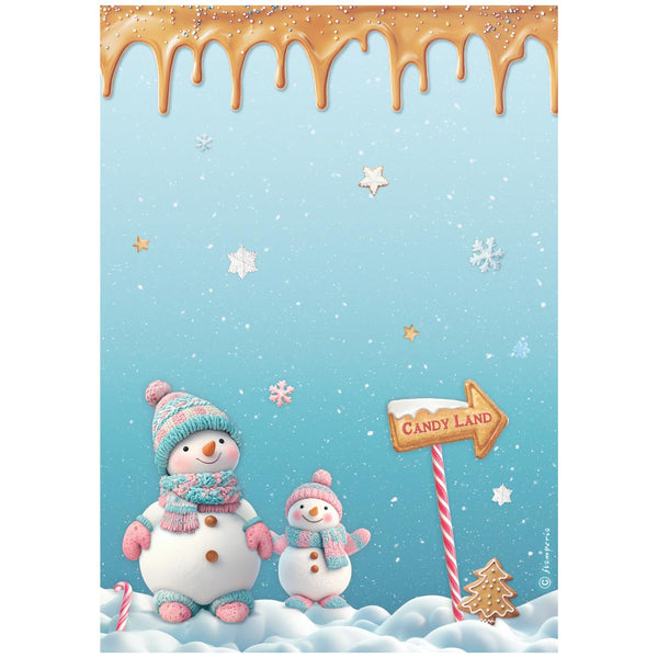 Two snowmen with candy cane hats in a snowy landscape with a candyland sign and caramel border.
