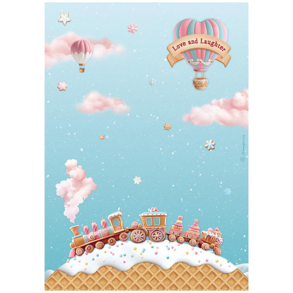 Illustration of a candy train on a waffle with hot air balloons and 'Love and Laughter' banner against a blue sky.