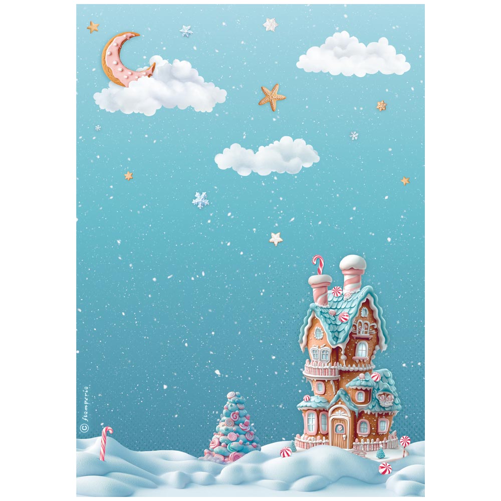 Illustration of a gingerbread house in a snowy landscape with a blue sky.