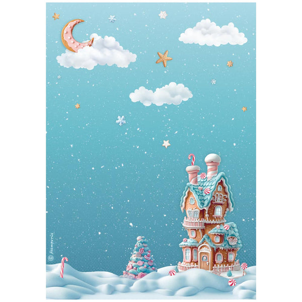 Illustration of a gingerbread house in a snowy landscape with a blue sky.