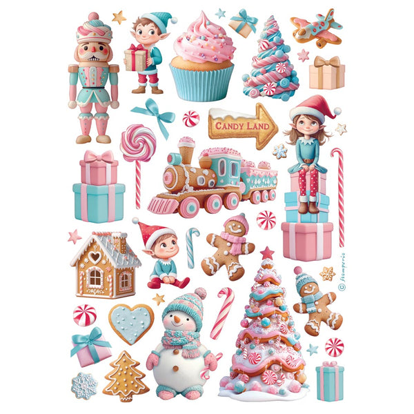Collection of festive illustrations including elves, candy, and Christmas-themed objects on a white background.