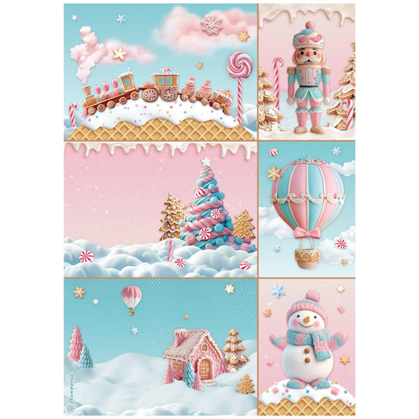 Set of six colorful Christmas-themed illustrations including a train, nutcracker, tree, hot air balloon, house, and snowman.