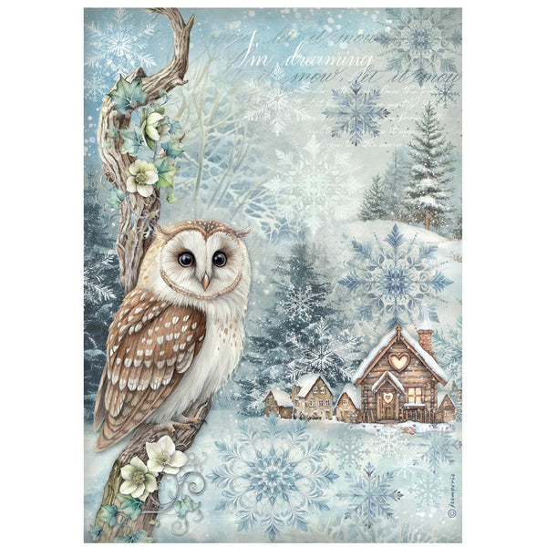 Winter scene with an owl on a branch, snowflakes, and a small house in the background.