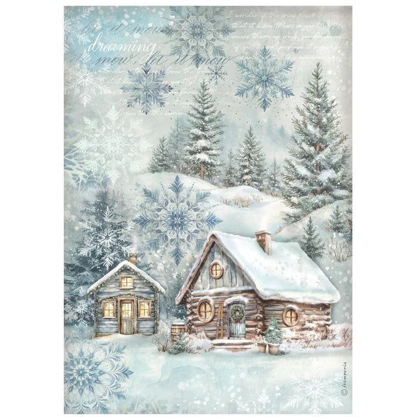 Winter scene with snow-covered houses and trees, featuring snowflakes and a cozy atmosphere.