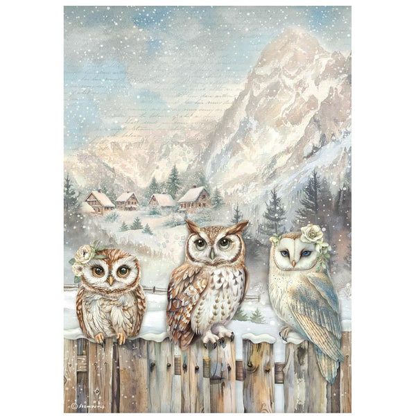 Three owls on a wooden fence with a snowy mountain landscape in the background