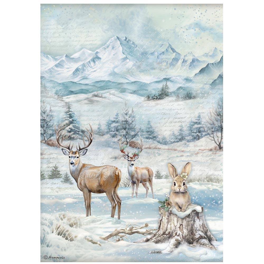 Winter scene with deer and a rabbit in a snowy landscape with mountains.