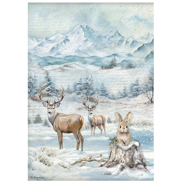 Winter scene with deer and a rabbit in a snowy landscape with mountains.