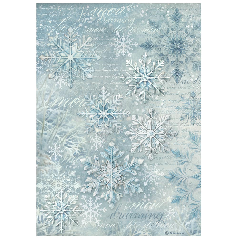 Decorative paper with snowflakes and text on a light blue background