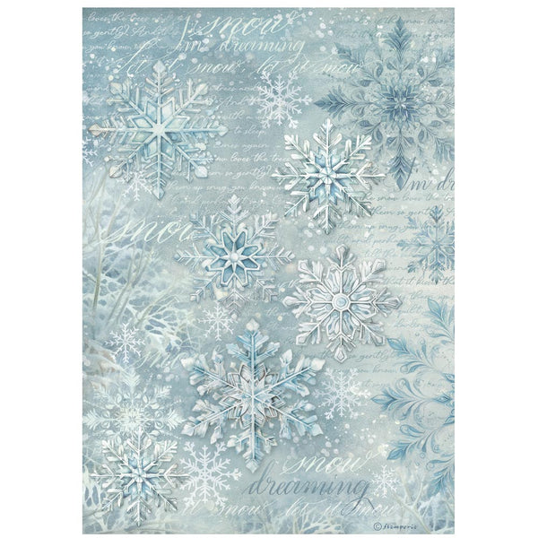 Decorative paper with snowflakes and text on a light blue background
