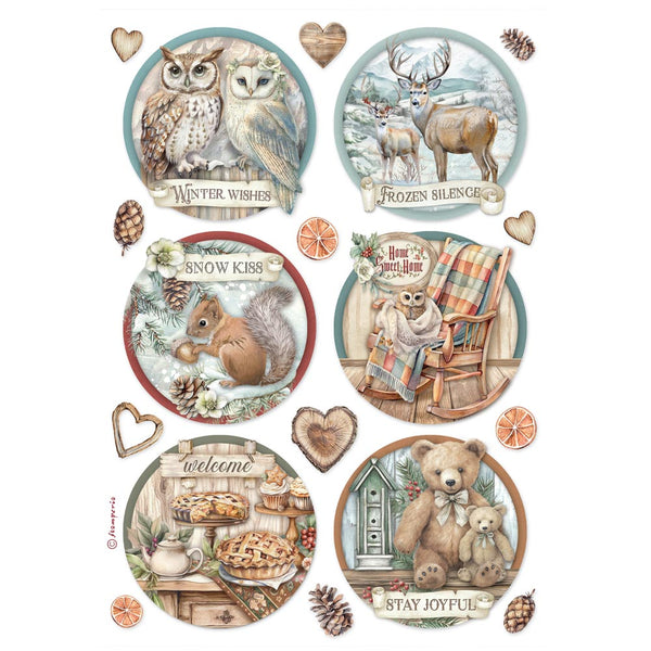 Set of decorative plates with nature-themed illustrations and text on a white background.