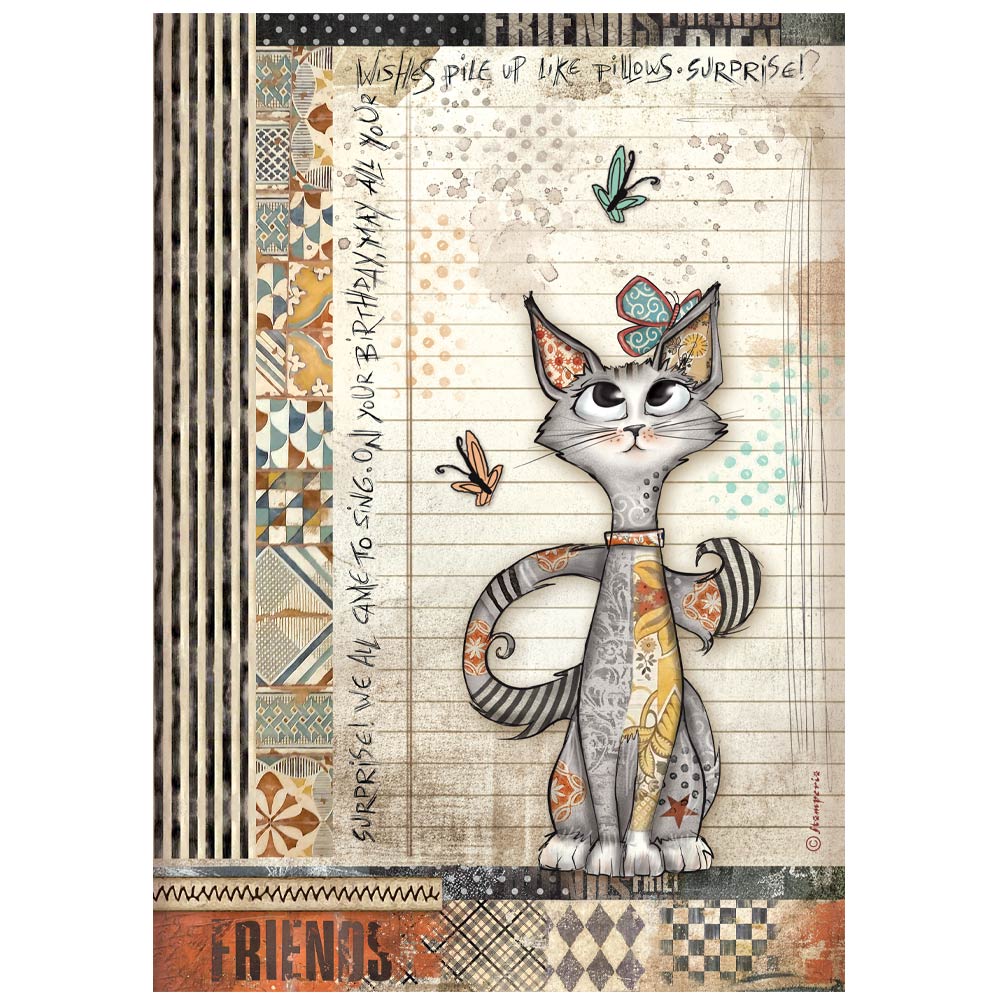 Stamperia FURRY FRIENDS - CAT AND BUTTERFLY Decoupage Rice Paper A4 #DFSA41067