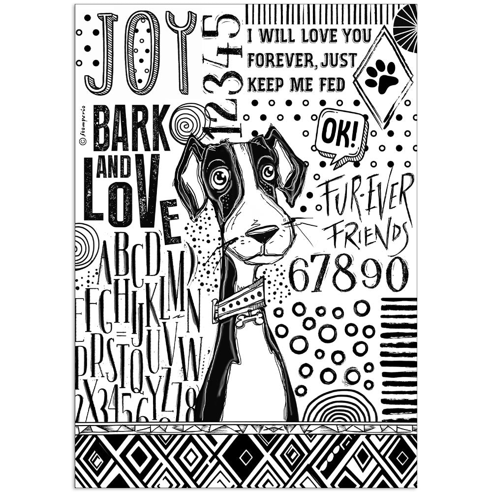 Stamperia FURRY FRIENDS - DOG BLACK AND WHITE Decoupage Rice Paper A4 #DFSA41070