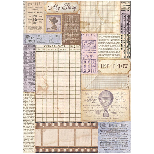 Vintage-style paper with text, graphics, and design elements on a white background