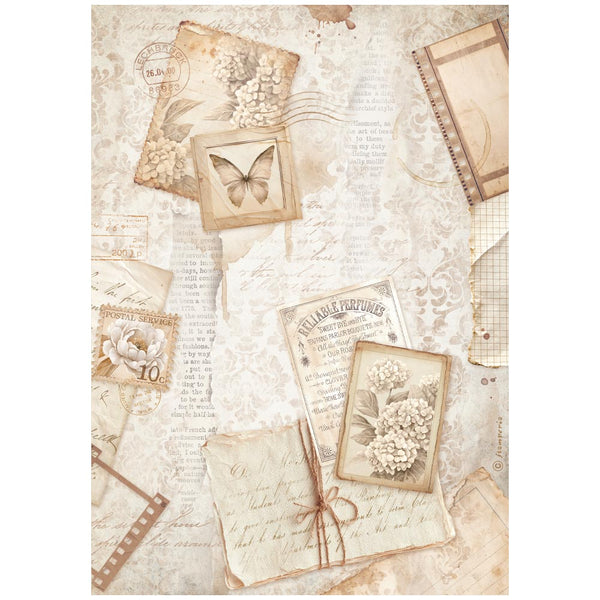 Vintage-style paper with butterflies, stamps, and letters on a textured background