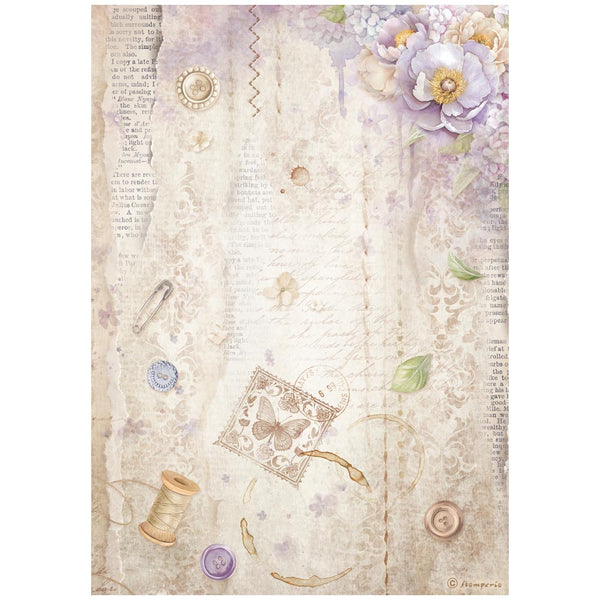 Decorative paper with vintage elements like buttons, flowers, and text on a white background