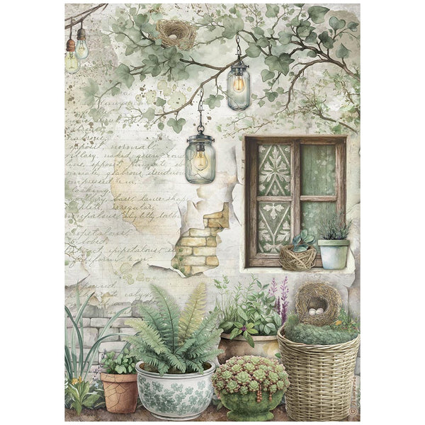 Decorative scene with plants, lanterns, and a window on a textured wall.