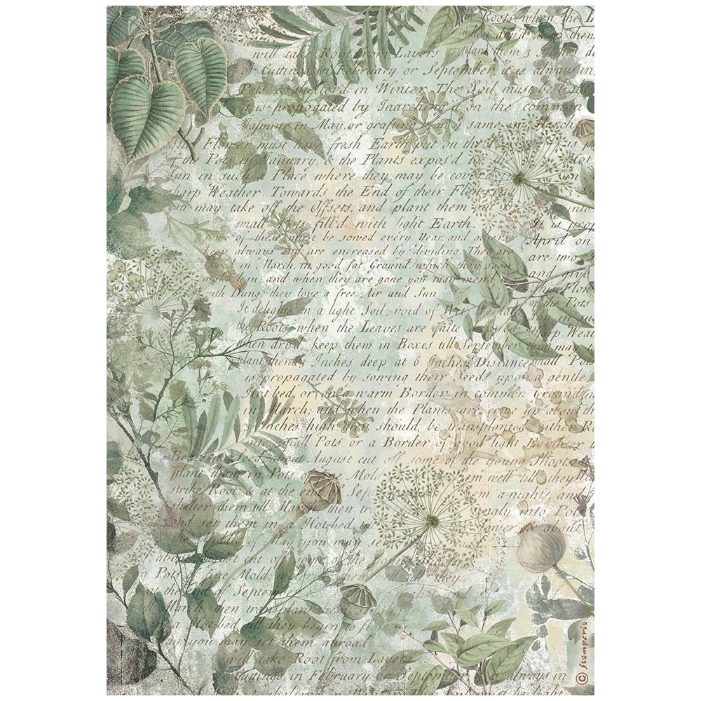 Decorative paper with green leaves and text pattern on a white background