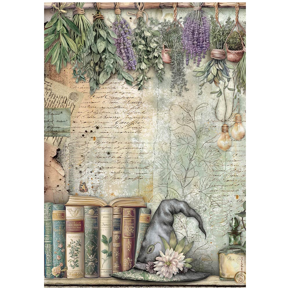 Decorative paper with herbs, books, and a gnome on a textured background