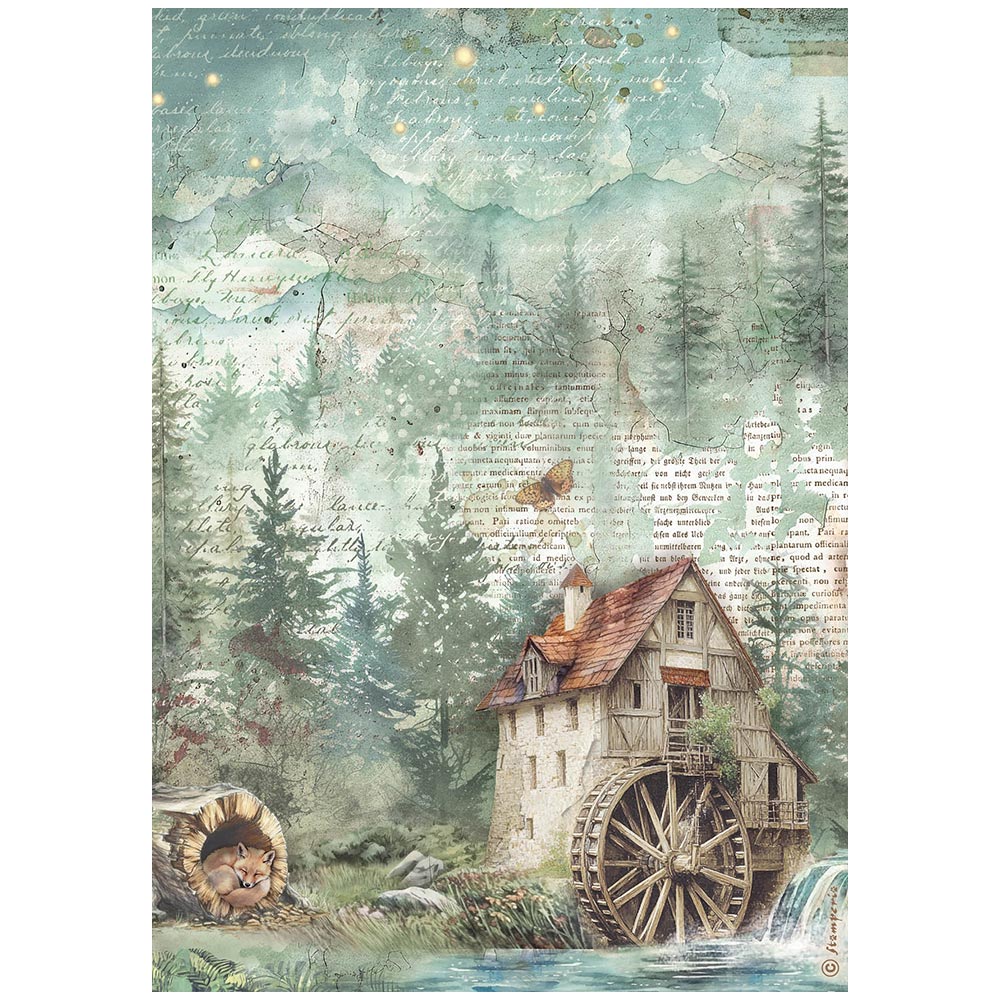 Fantasy scene with a watermill and forest, featuring text overlay.