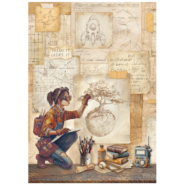 Illustration of a person drawing a bonsai tree with technical drawings and tools in the background.