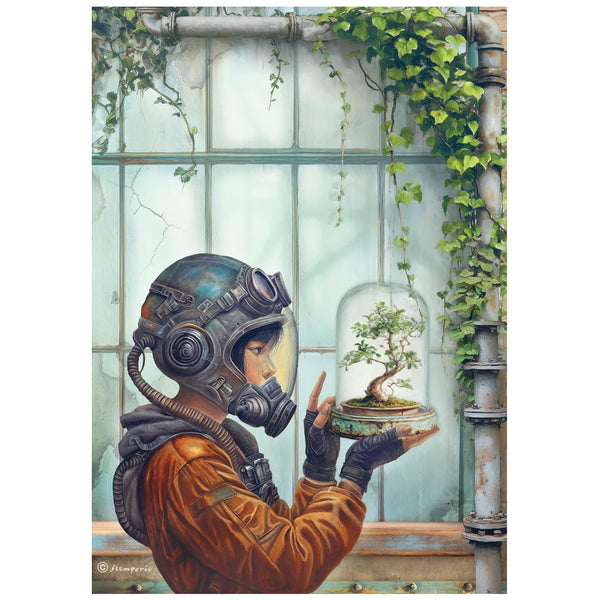 Person in a futuristic suit holding a bonsai tree in a glass dome, with a greenhouse background.