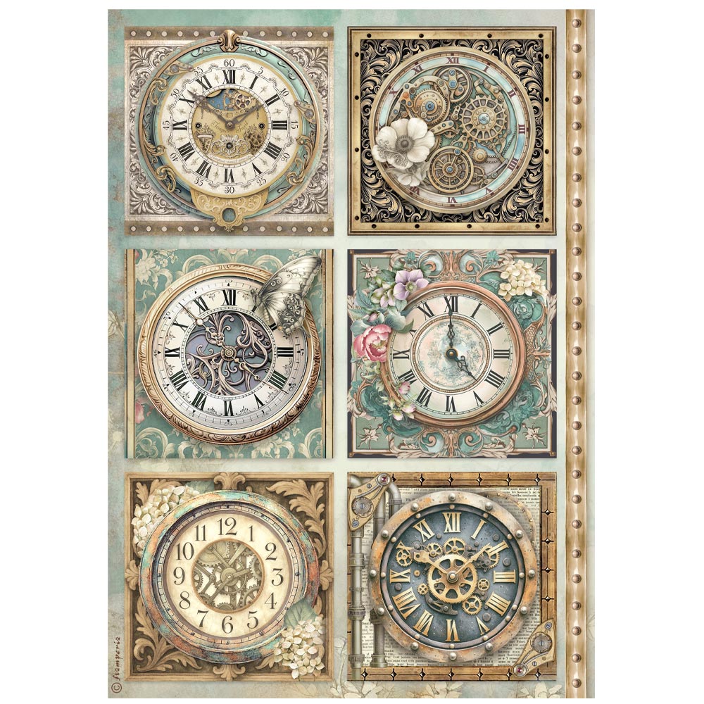 Decorative paper with vintage clock designs on a white background