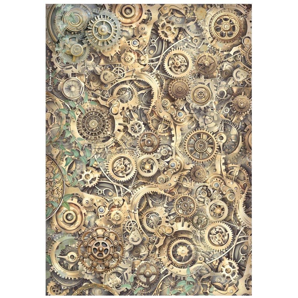 Pattern of gears and mechanical components on a white background