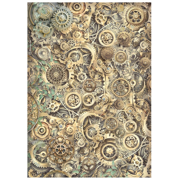 Pattern of gears and mechanical components on a white background