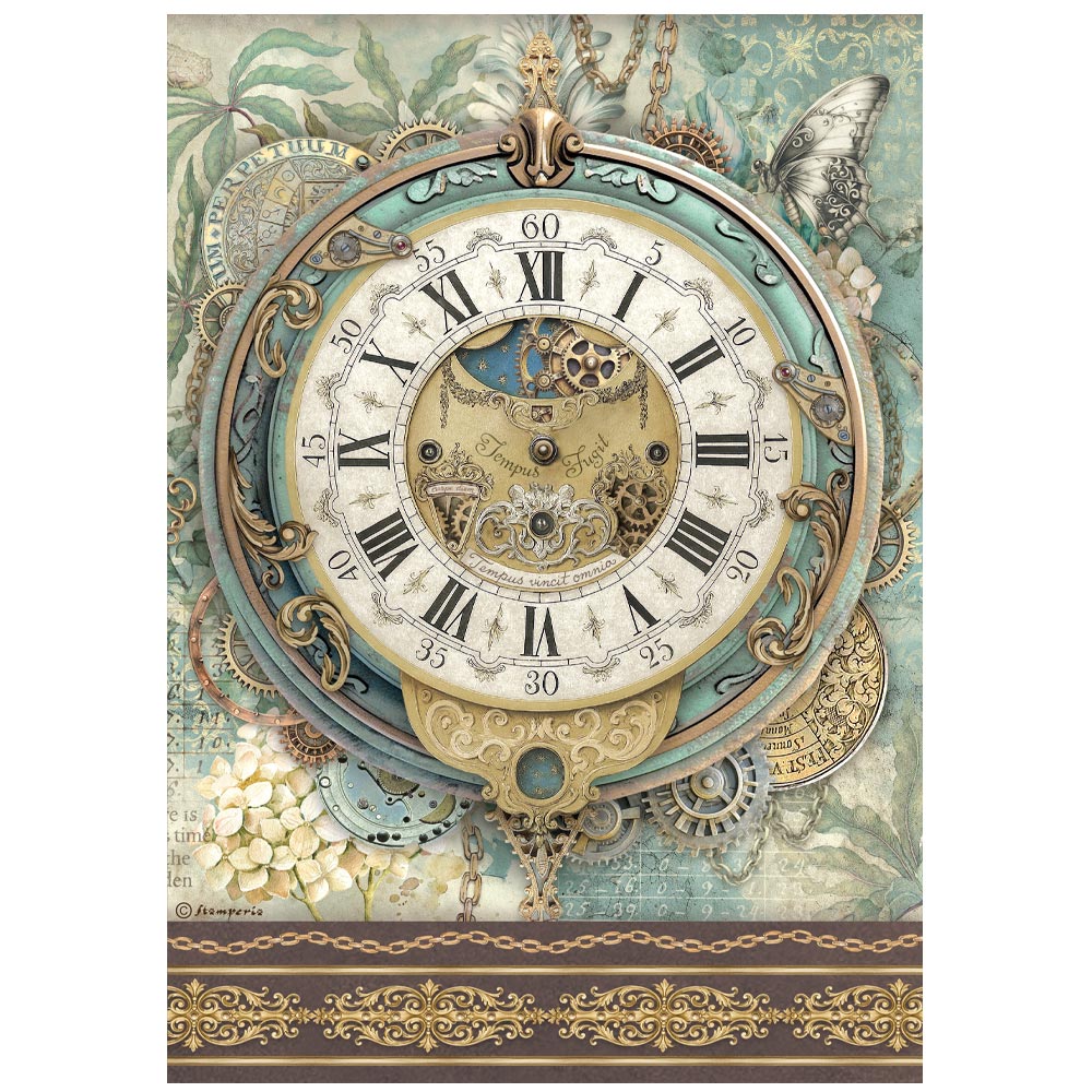 Decorative clock design with intricate details and Roman numerals on a textured background.