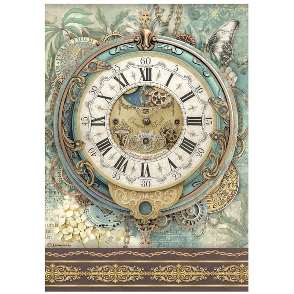 Decorative clock design with intricate details and Roman numerals on a textured background.