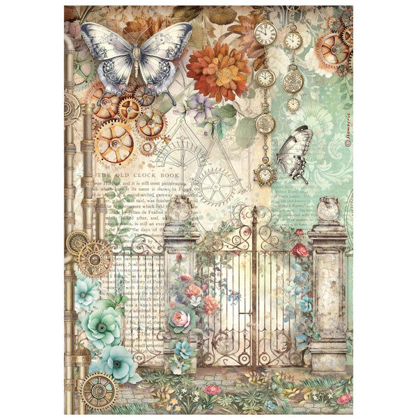 Decorative paper with butterflies, flowers, gears, and a gate design.