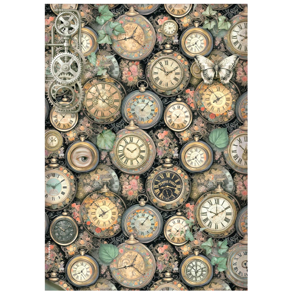 Pattern of vintage clocks and butterflies on a white background