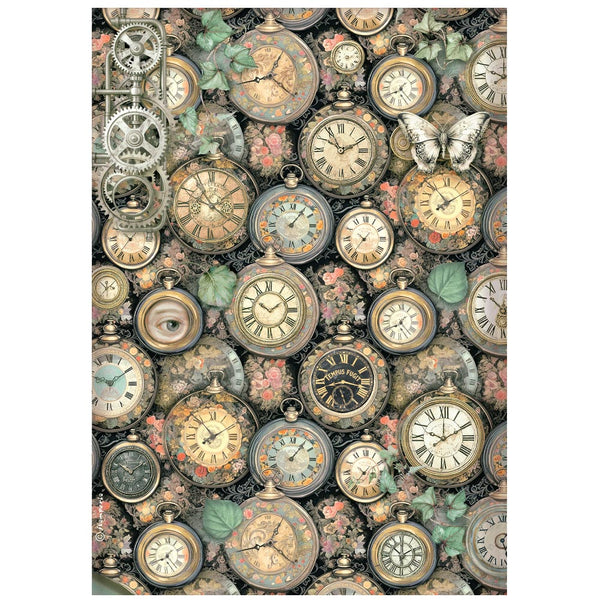 Pattern of vintage clocks and butterflies on a white background