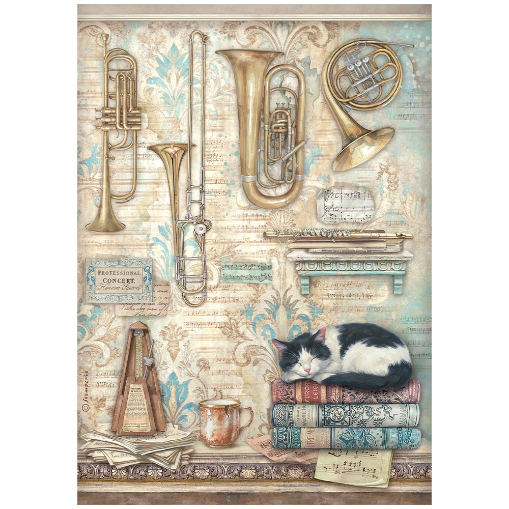 Stamperia SYMPHONY - TRUMPETS and CAT- Decoupage Rice Paper A4 #DFSA41125