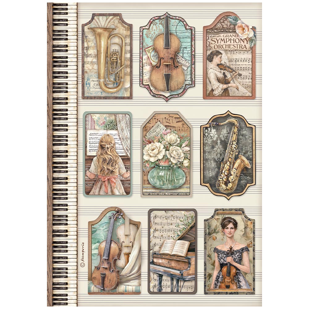 Stamperia SYMPHONY - TAGS - Decoupage Rice Paper A4 #DFSA41126