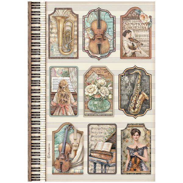 Stamperia SYMPHONY - TAGS - Decoupage Rice Paper A4 #DFSA41126