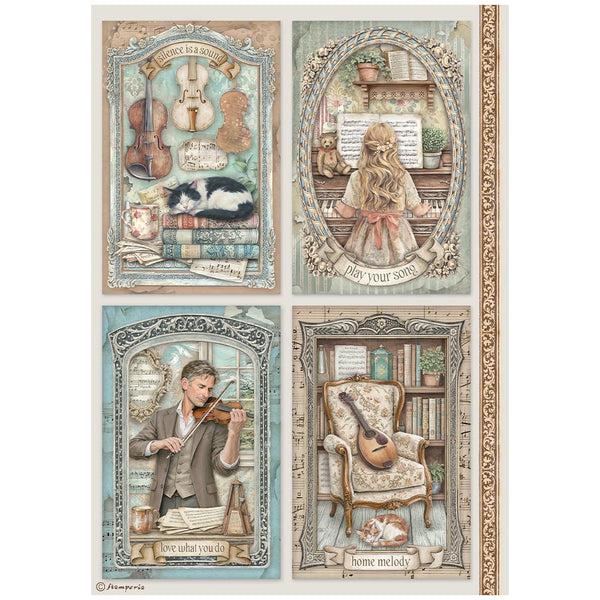 Stamperia SYMPHONY - 4 CARDS - Decoupage Rice Paper A4 #DFSA41127