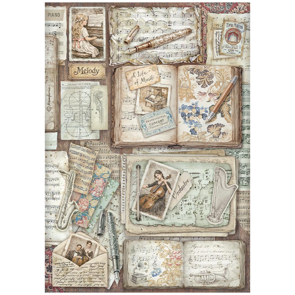 Stamperia SYMPHONY - LETTERS and BOOKS - Decoupage Rice Paper A4 #DFSA41128