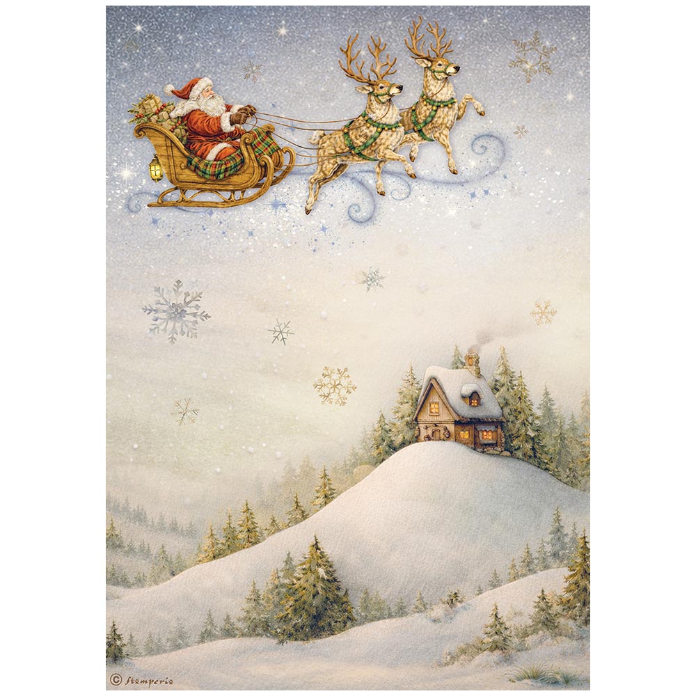 Stamperia SILENT NIGHT - SANTA Claus and Sleigh - Christmas - Decoupage Rice Paper A4 #DFSA41139