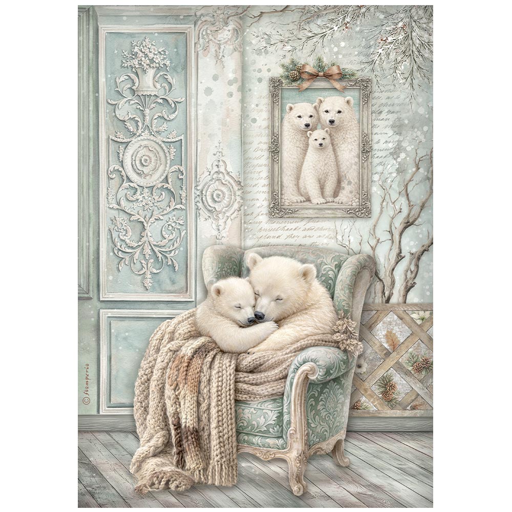 Stamperia White CHRISTMAS - COZY BEARS - Decoupage Rice Paper A4 #DFSA41143