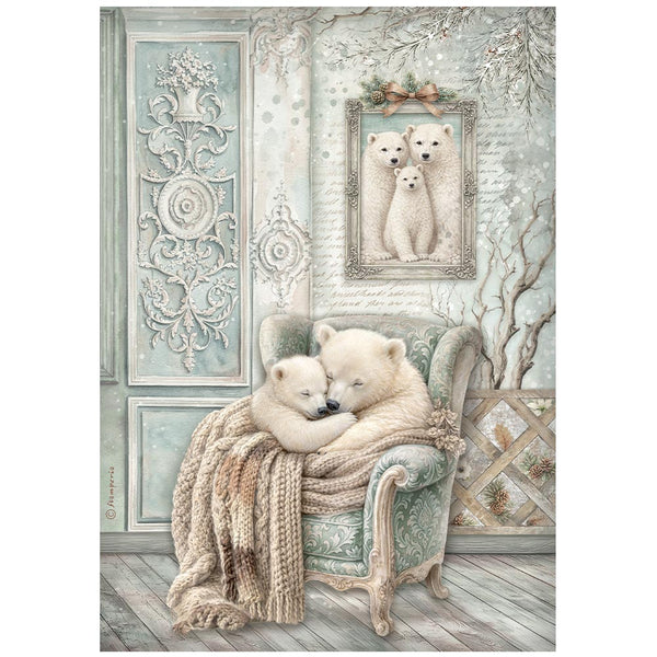 Stamperia White CHRISTMAS - COZY BEARS - Decoupage Rice Paper A4 #DFSA41143