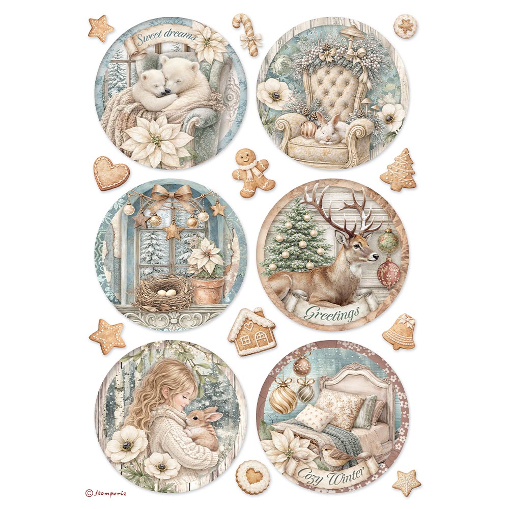 Stamperia White CHRISTMAS - 6 ROUNDS - Decoupage Rice Paper A4 #DFSA41144