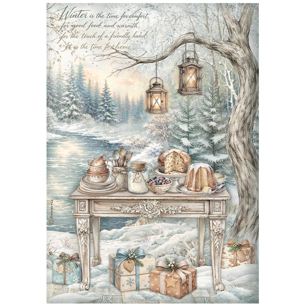 Stamperia White CHRISTMAS - FESTIVE TABLE by the Lake - Decoupage Rice Paper A4 #DFSA41145