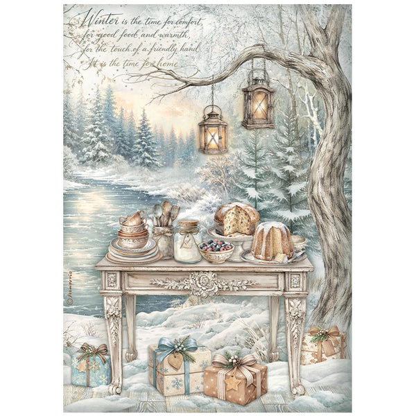 Stamperia White CHRISTMAS - FESTIVE TABLE by the Lake - Decoupage Rice Paper A4 #DFSA41145