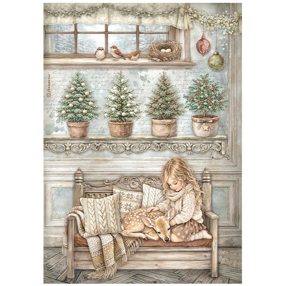 Stamperia White CHRISTMAS - Little Girl and a Fawn - Decoupage Rice Paper A4 #DFSA41148