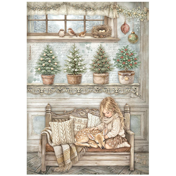 Stamperia White CHRISTMAS - Little Girl and a Fawn - Decoupage Rice Paper A4 #DFSA41148
