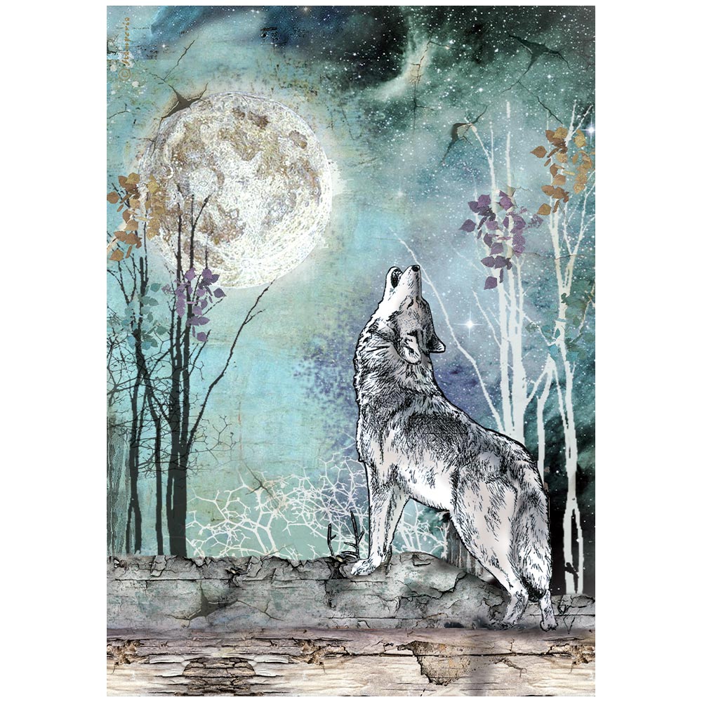 Stamperia COSMOS - WOLF and MOON Decoupage Rice Paper A4 #DFSA41149