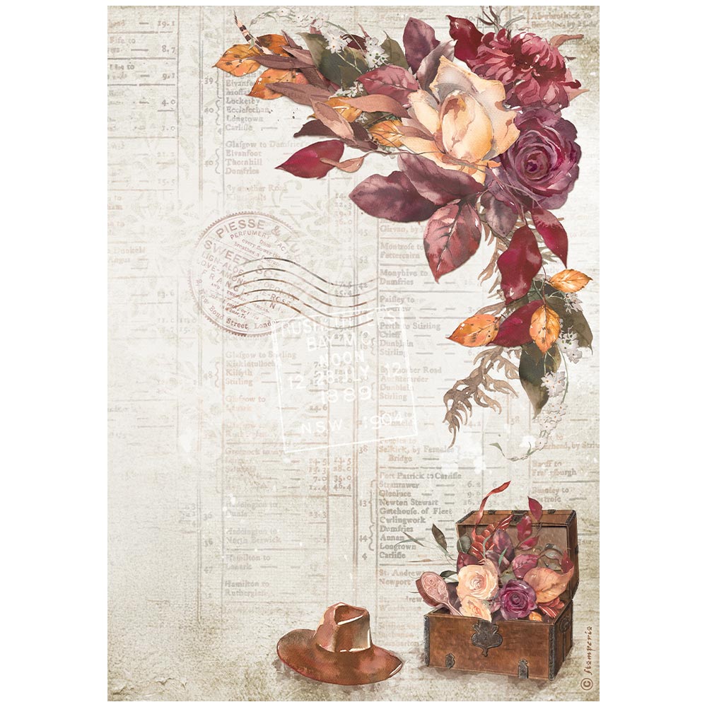 Vintage-style floral art print featuring a bouquet of roses and leaves in burgundy, cream, and orange tones, with a hat and an open trunk at the bottom on a distressed beige background with faint newspaper text and a postage stamp motif.