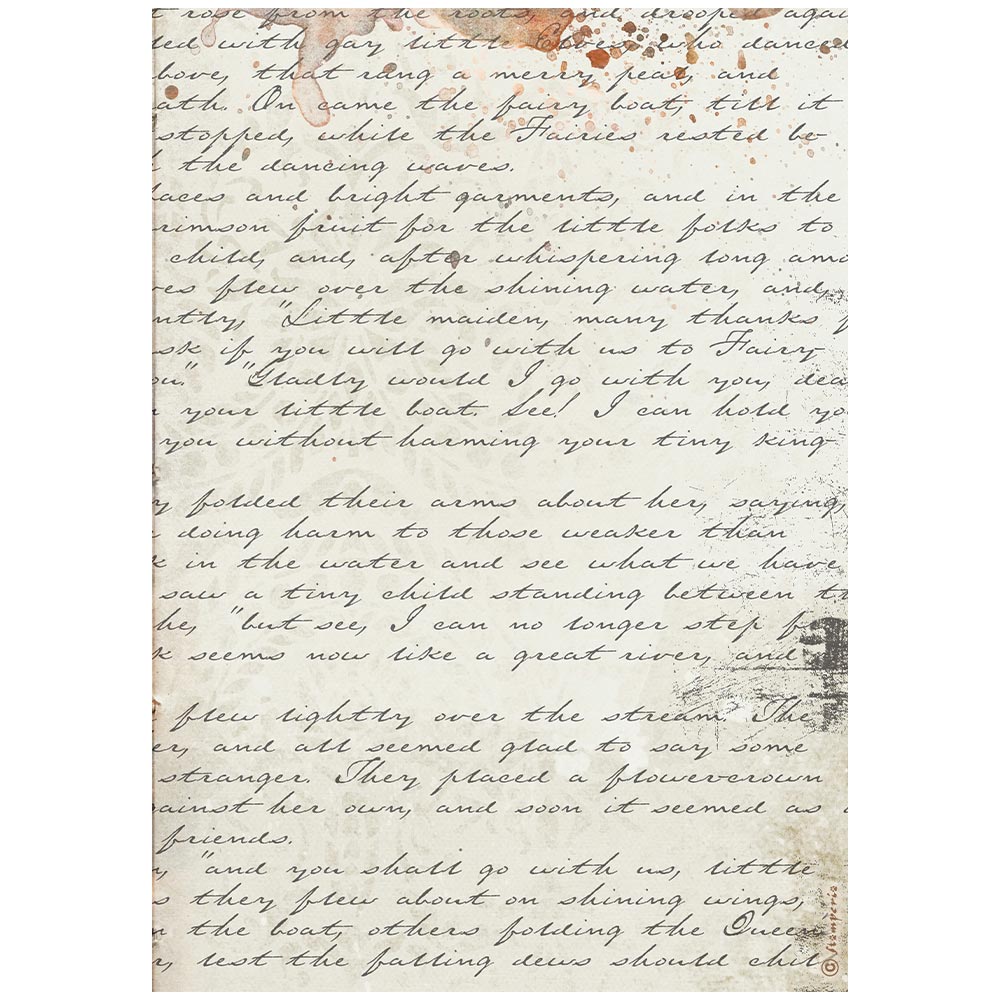 A vintage-style printed card or page featuring elegant cursive handwriting on aged, off-white paper with subtle brown stains and a small decorative emblem in the lower right corner.
